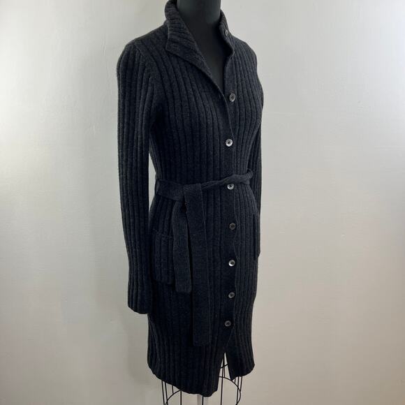 VTG Lauren RALPH LAUREN Gray Lambswool Tie Button Midi Duster Cardigan Sweater S - Picture 4 of 10